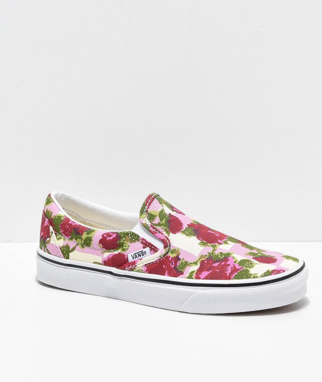 white slip on vans with pink roses